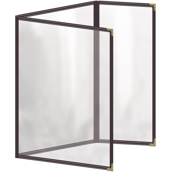 A glass menu holder with gold corners and a black frame over a white rectangular menu.