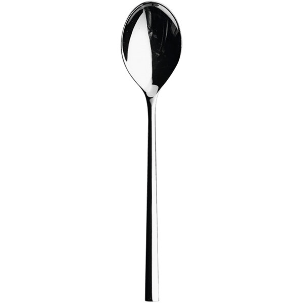 A Sola stainless steel dessert spoon with a long, silver handle and a silver spoon bowl.