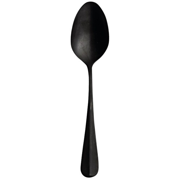 A close-up of a Sola Baguette Vintage Black stainless steel serving spoon with a white background.