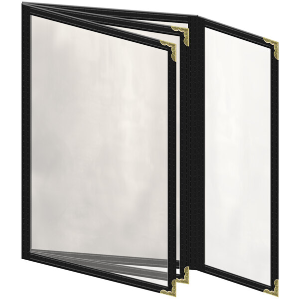 A black H. Risch, Inc. menu cover with gold corners and 8 clear panels.