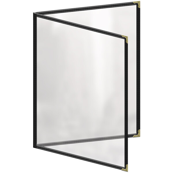 A black menu cover with a glass frame and gold decorative corners.