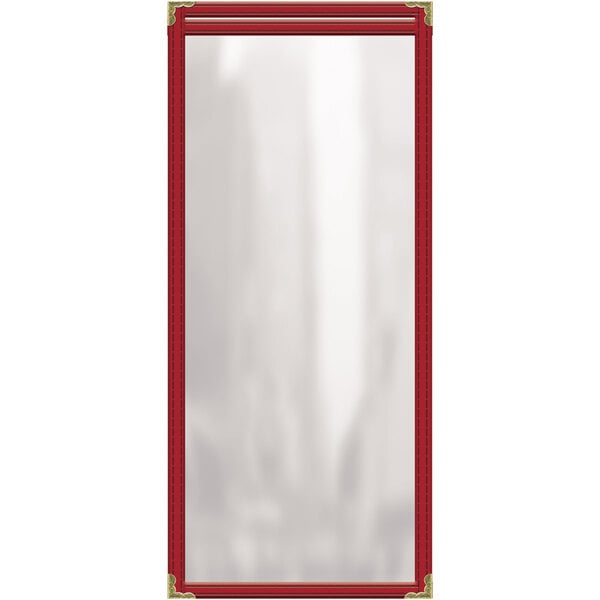 A red rectangular menu cover with gold trim and a white background.
