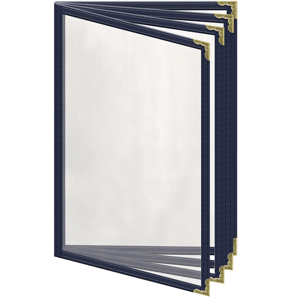 A group of H. Risch, Inc. blue menu covers with gold decorative corners.