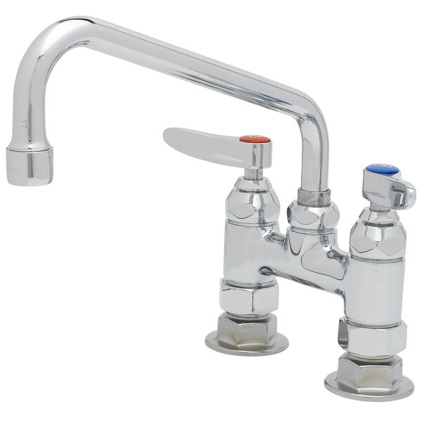 A chrome T&S deck-mounted pantry faucet with two handles and an 8" swing nozzle.