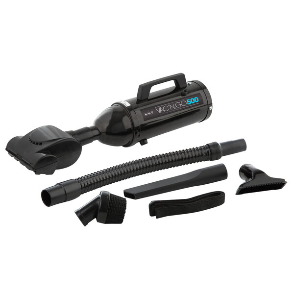 A black MetroVac canister vacuum with a hose and accessories.