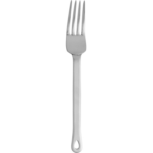 A close-up of a Oneida Cooper stainless steel salad/dessert fork with a black handle.
