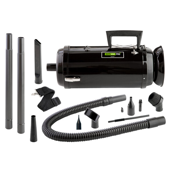 A black MetroVac canister vacuum with attachment kit in a case.