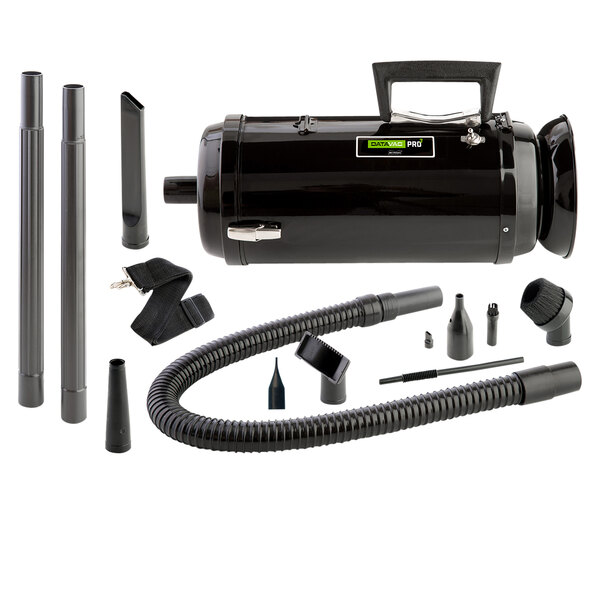 A black MetroVac canister vacuum with various attachments inside a black case.