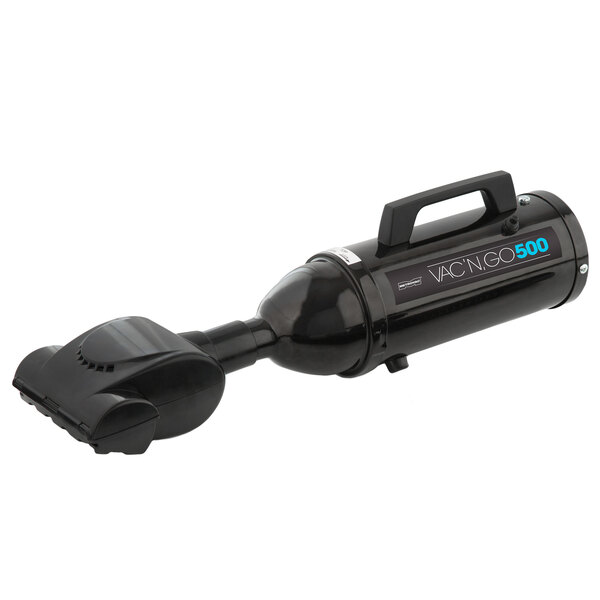 A black MetroVac handheld canister vacuum cleaner with a handle.