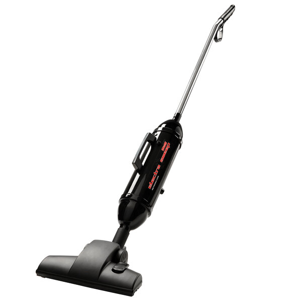 A black MetroVac ElectraSweep handheld vacuum cleaner with red text on the handle.