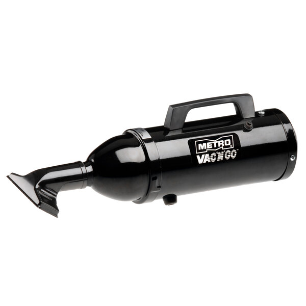 A black MetroVac Vac N Go handheld canister vacuum cleaner with a handle.