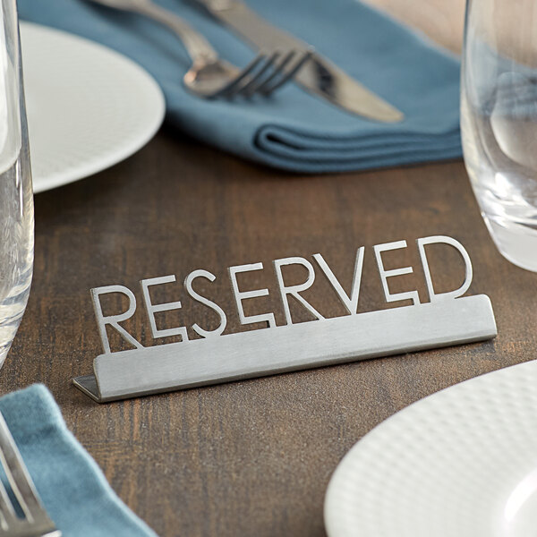 American Metalcraft SSR5 5" x 3/4" x 1 1/2" Stainless Steel Laser-Cut Tabletop Sign with "Reserved" Print
