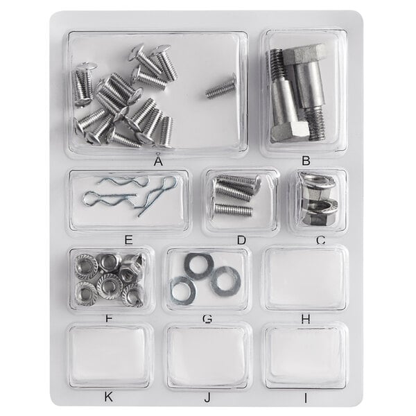 A white plastic tray of screws and bolts.