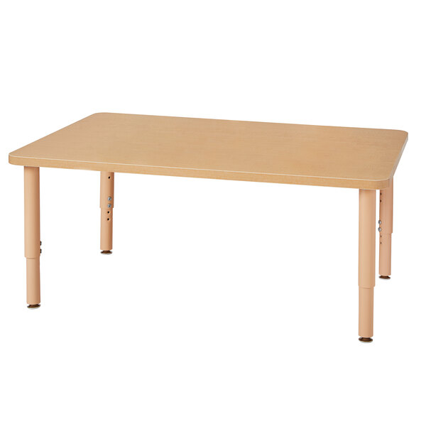A Jonti-Craft rectangular wooden table with adjustable metal legs.