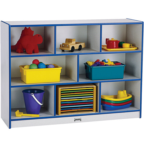 A blue and white Rainbow Accents mobile storage cabinet filled with toys on shelves.