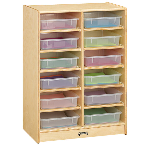 A Jonti-Craft wooden storage cabinet with plastic bins inside.