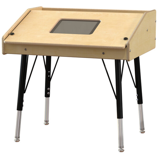 A Jonti-Craft wooden tablet table with rear storage.