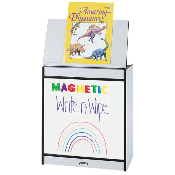 A Rainbow Accents black big book easel with magnetic white write-on board.