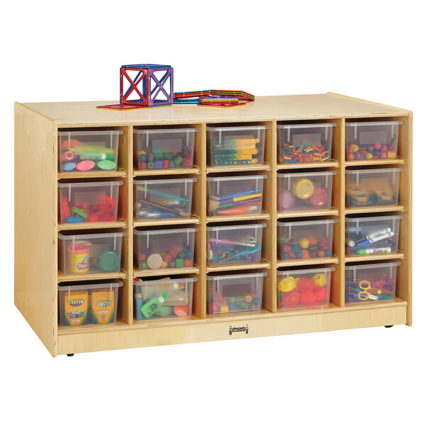 A Jonti-Craft wooden storage unit with clear plastic bins.