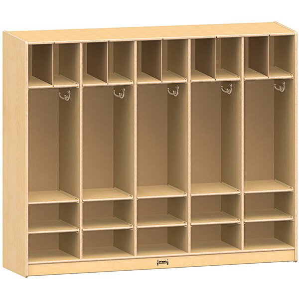 A Jonti-Craft wooden locker with four shelves and two doors.