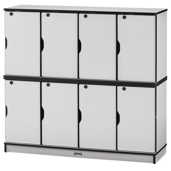 A Rainbow Accents double stack black and gray laminate locker with eight doors.