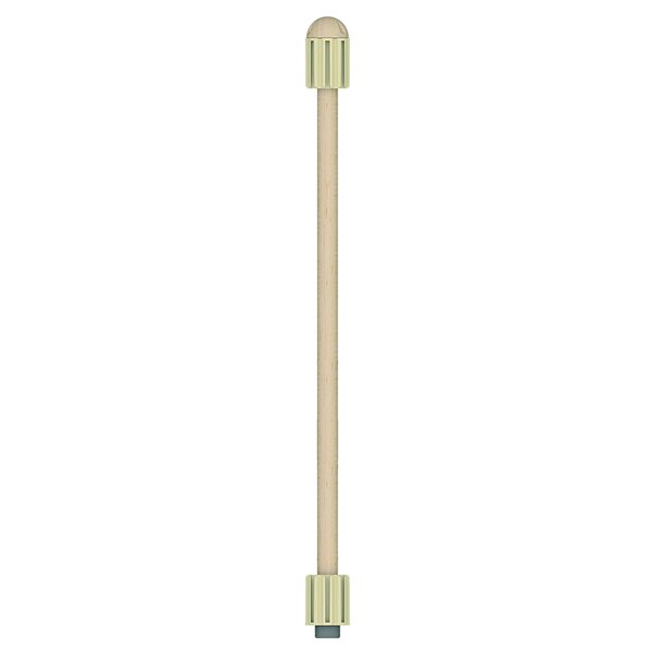 A wooden stick with a white metal knob on one end.