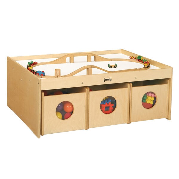 A Jonti-Craft wooden activity table with six bins.