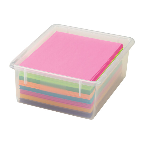 A Jonti-Craft clear plastic container with colorful papers in it.