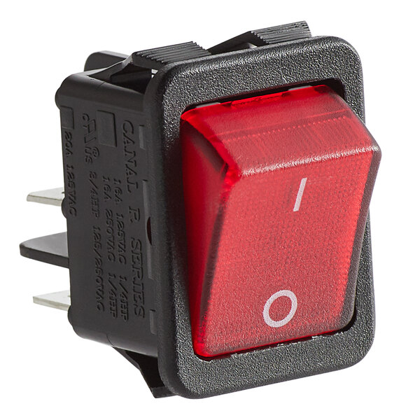A close-up of a red Estella Caffe power switch with white text.