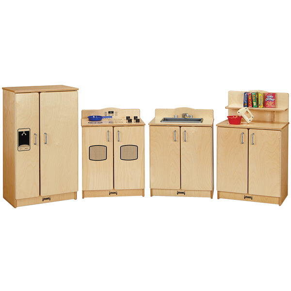 A Jonti-Craft wooden cabinet with a sink and doors.
