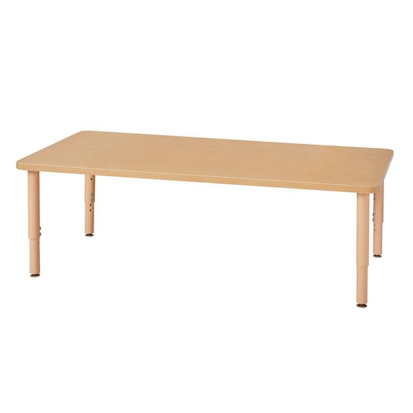 A Jonti-Craft rectangular wooden table with adjustable metal legs.