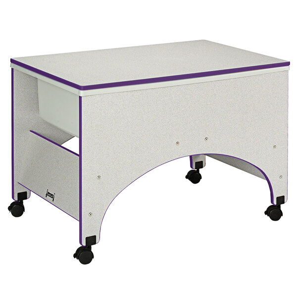 A white and purple mobile sensory table with wheels.