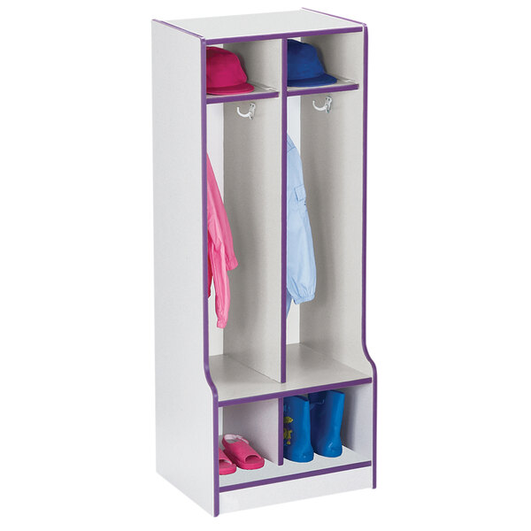 A white and purple Rainbow Accents 2-section coat locker with clothes and boots inside.