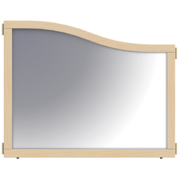 A white board with a wooden frame and a mirror panel with a wooden edge.