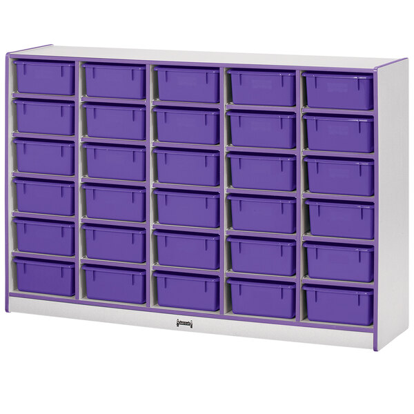 A white and purple Rainbow Accents mobile storage unit with purple bins on a white surface.