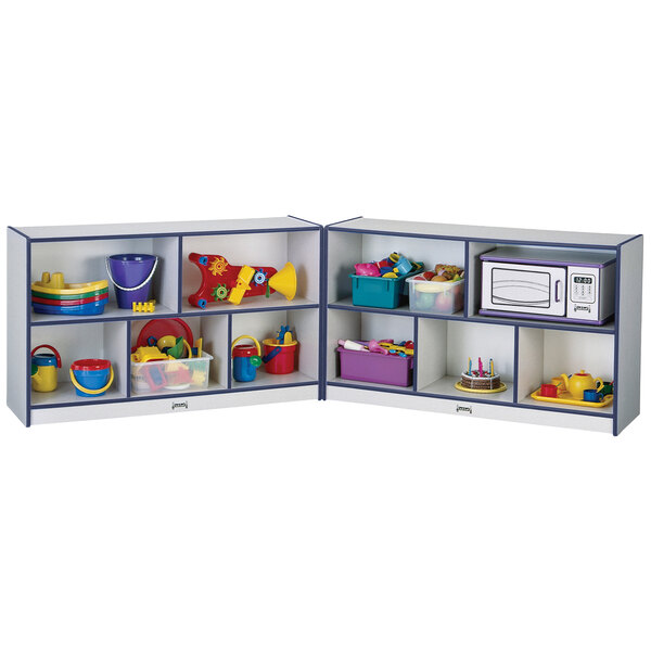 A Rainbow Accents mobile storage cabinet with toys on the shelves.