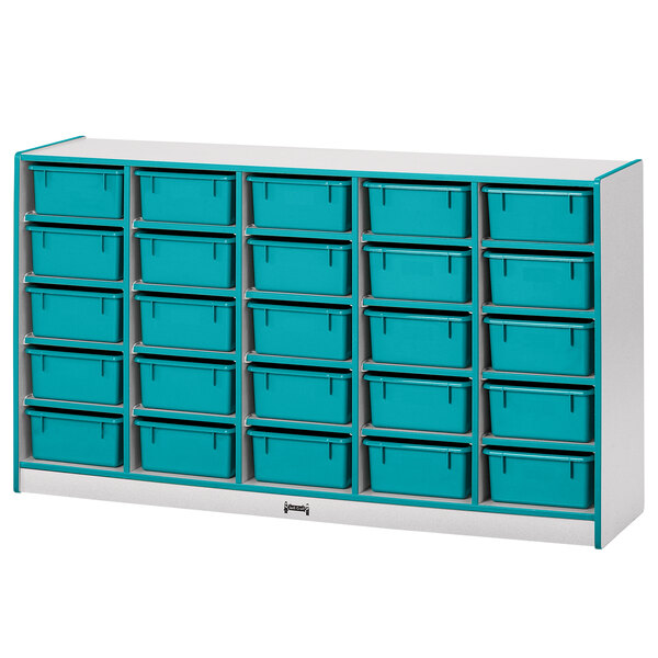 A white and teal storage unit with blue bins on a shelf.