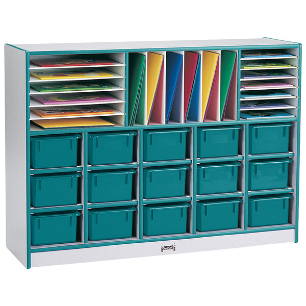 A white and teal Rainbow Accents mobile storage unit with many drawers and bins.