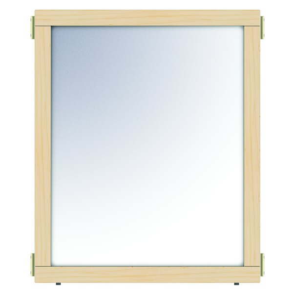 A white board with a wooden frame with a mirror panel in the center.