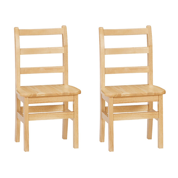 A pair of wooden Jonti-Craft Children's Ladderback chairs with wooden slats.