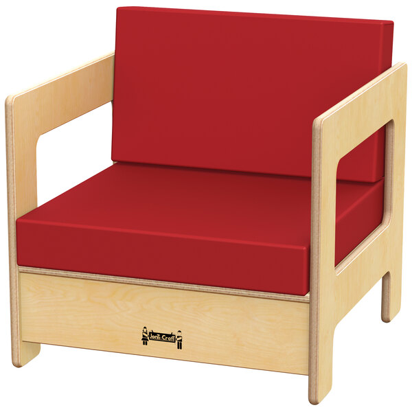 A red Jonti-Craft children's chair with a wooden frame.