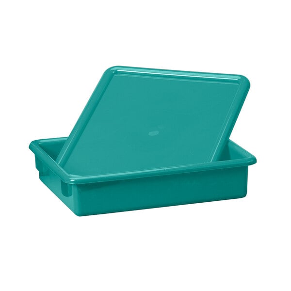 A teal plastic paper tray for paper-tray storage.