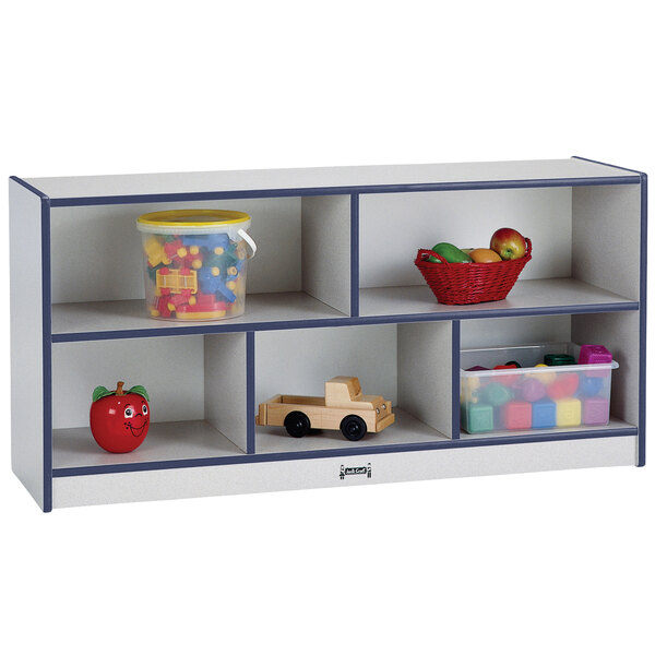 A blue and white Rainbow Accents toddler-height storage cabinet with toys on the shelves.