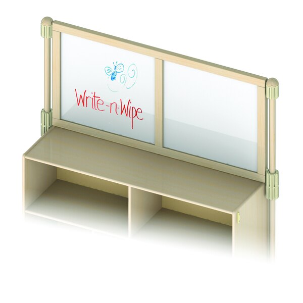 A white board with writing on the upper deck of a wooden shelf.