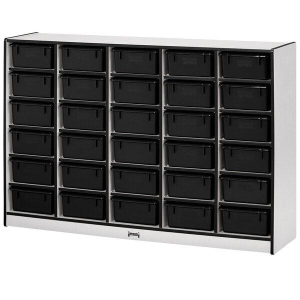 A black storage cabinet with black and white storage bins.
