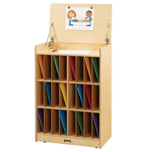 A Jonti-Craft wooden sign-in station with 24 slots filled with colorful folders.