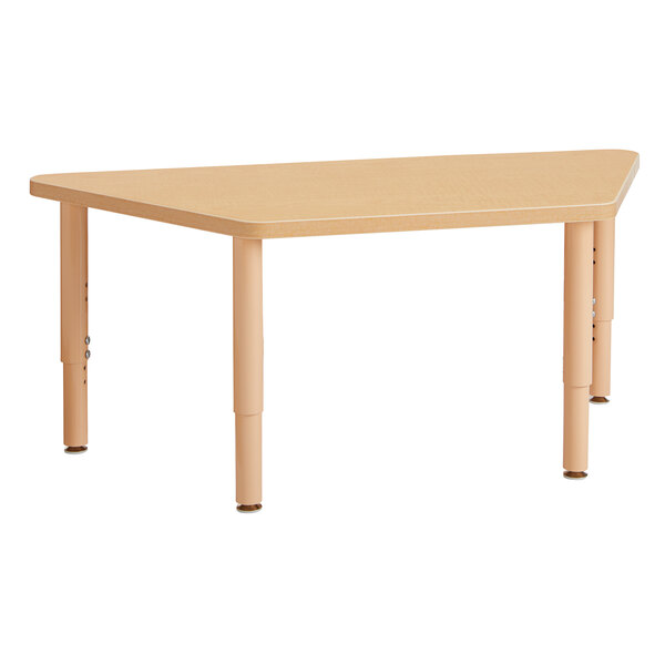 A Jonti-Craft trapezoid table with wooden legs and a beige top.