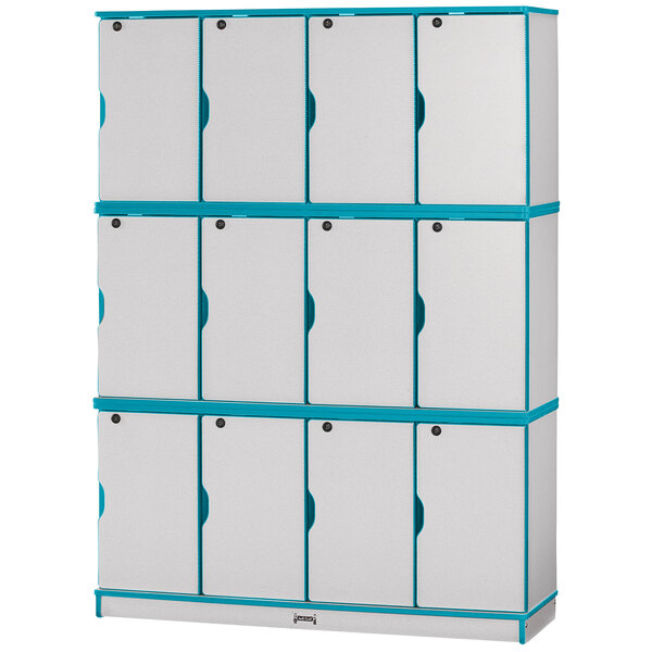 A teal, white, and gray Rainbow Accents triple stack locker with 12 sections.