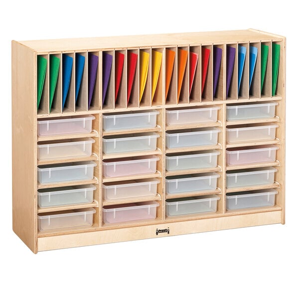 A Jonti-Craft wooden classroom storage unit with clear plastic paper trays.