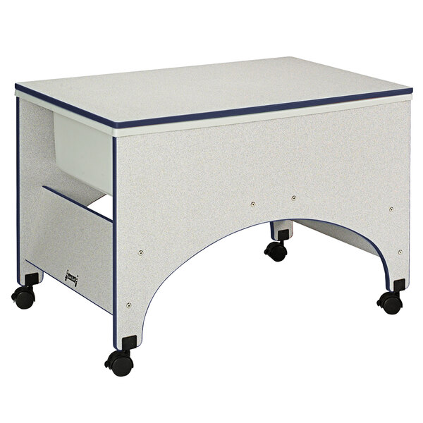 A Rainbow Accents navy and gray sensory table with wheels.